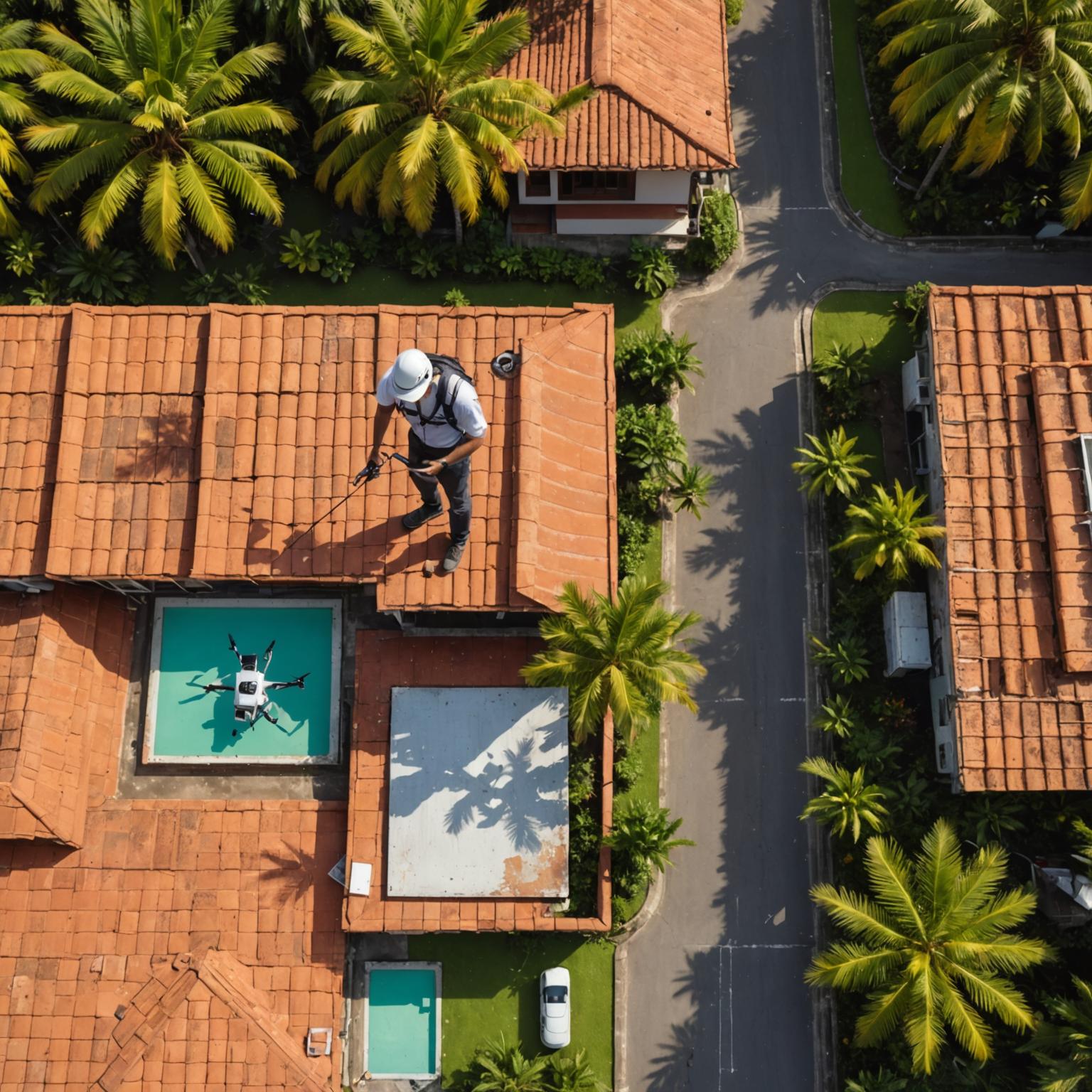 Surveyor using a drone to inspect a Malaysian roof