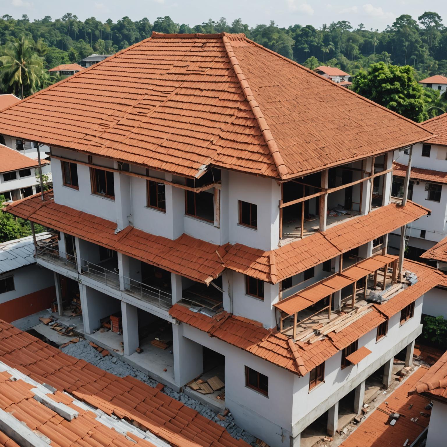 A Malaysian house mid-roof replacement showing new tiles being laid