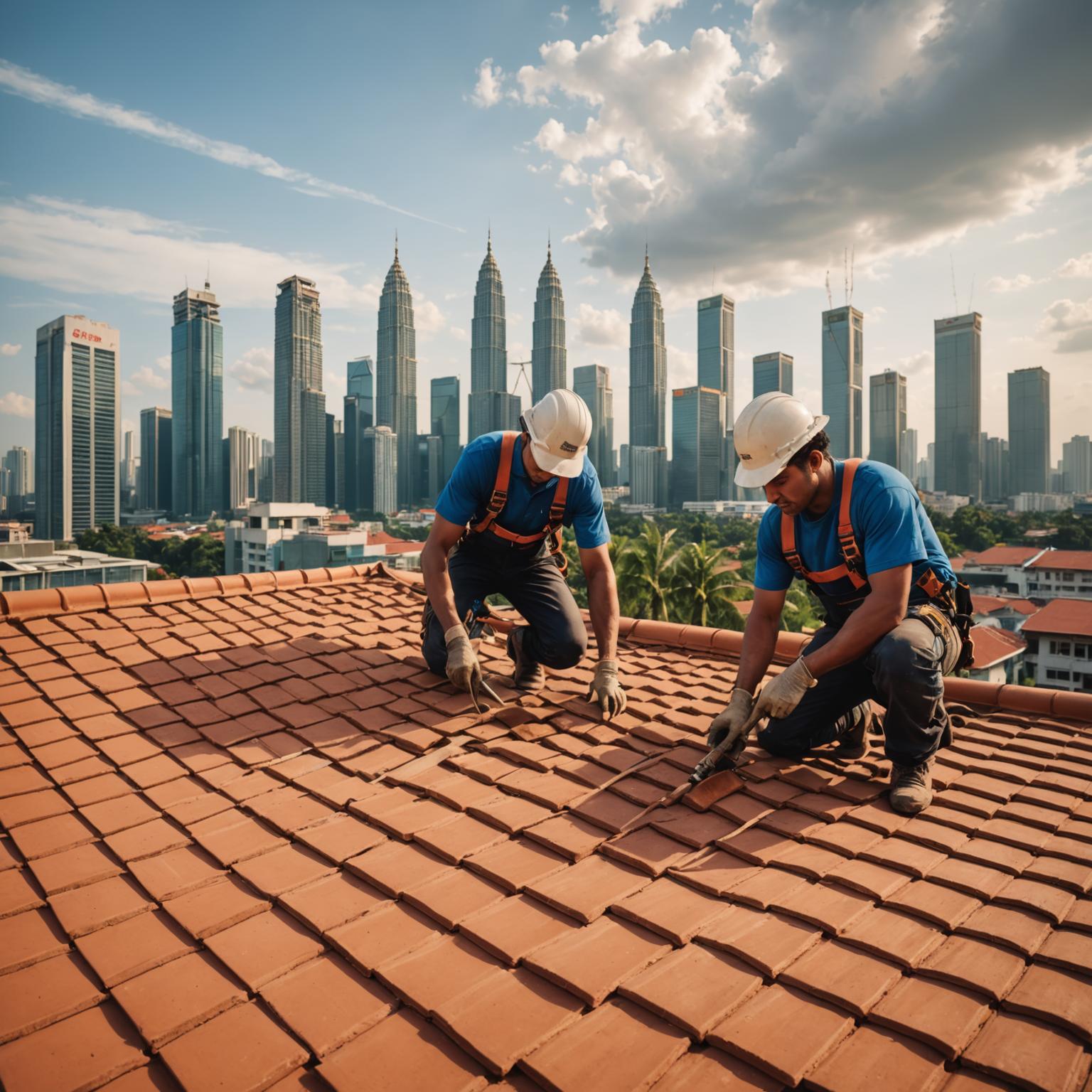 Dynaquo roofers fitting clay tiles on a Kuala Lumpur home at golden hour