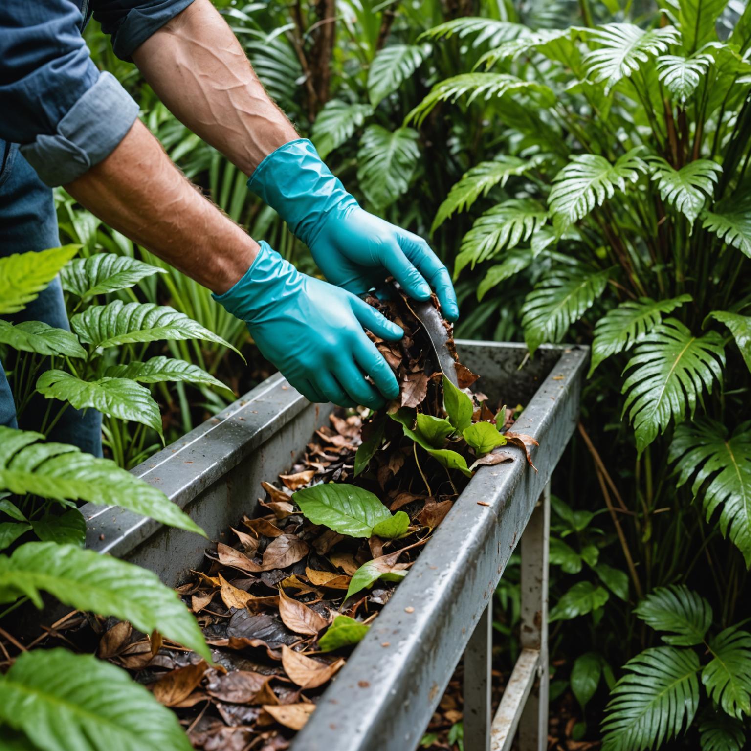 Gloved hands clearing leaves from a Malaysian house gutter