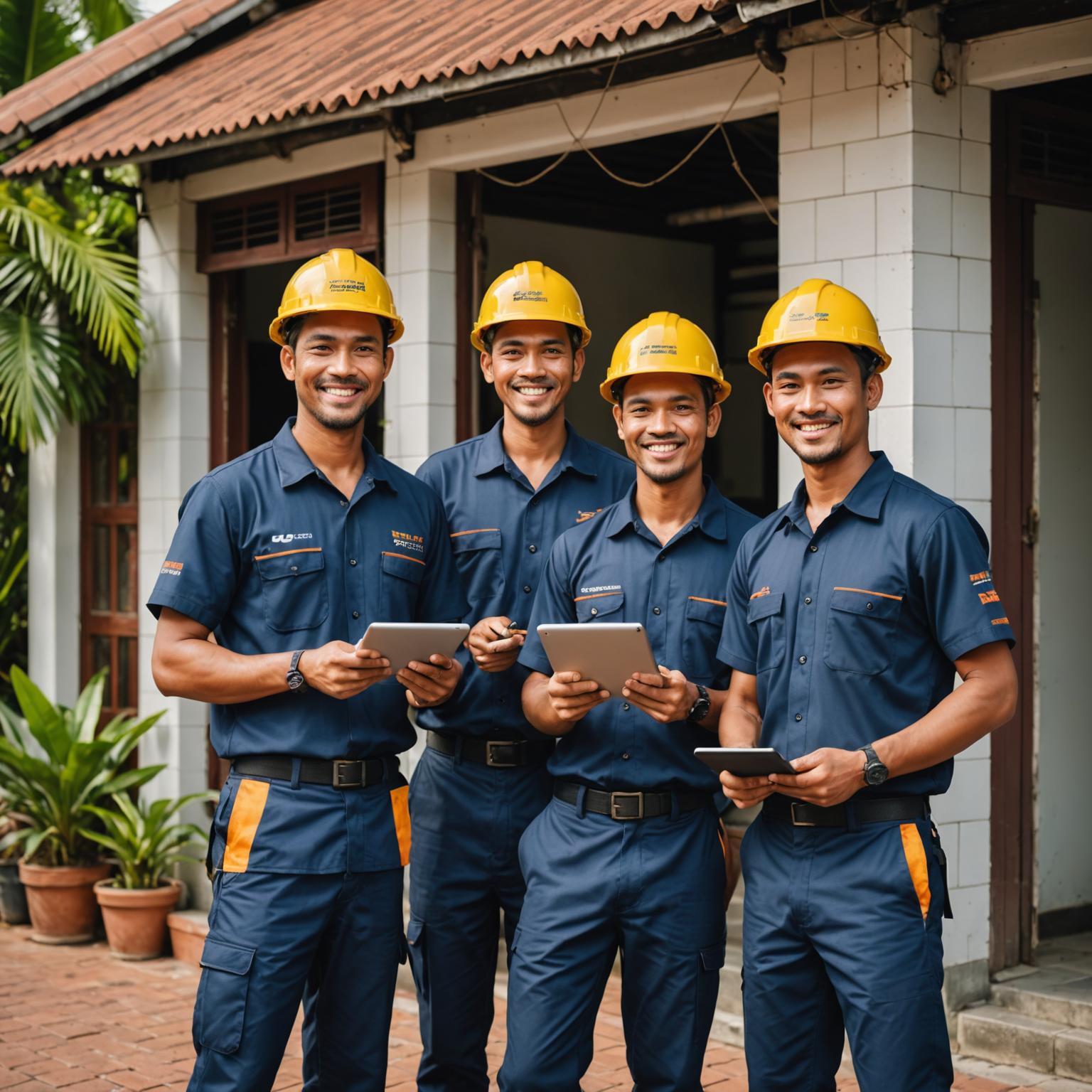 The Dynaquo crew posing in front of a Malaysian shophouse