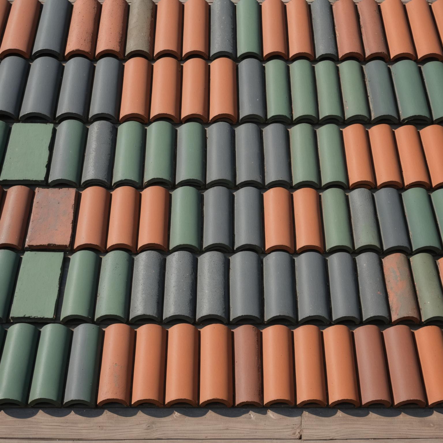 A row of different roof tile samples on a wooden surface