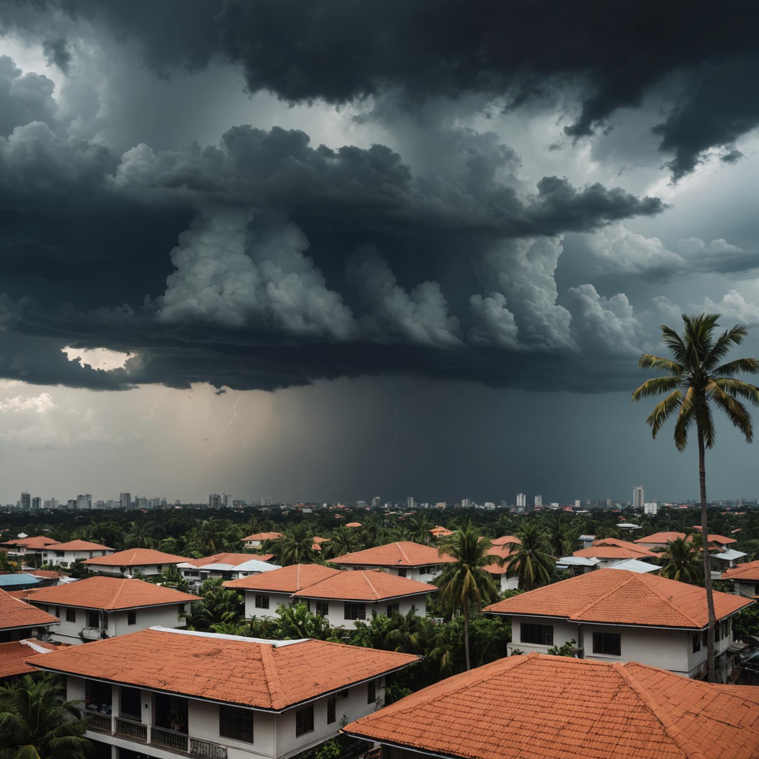 Heavy monsoon clouds over a Malaysian residential neighbourhood